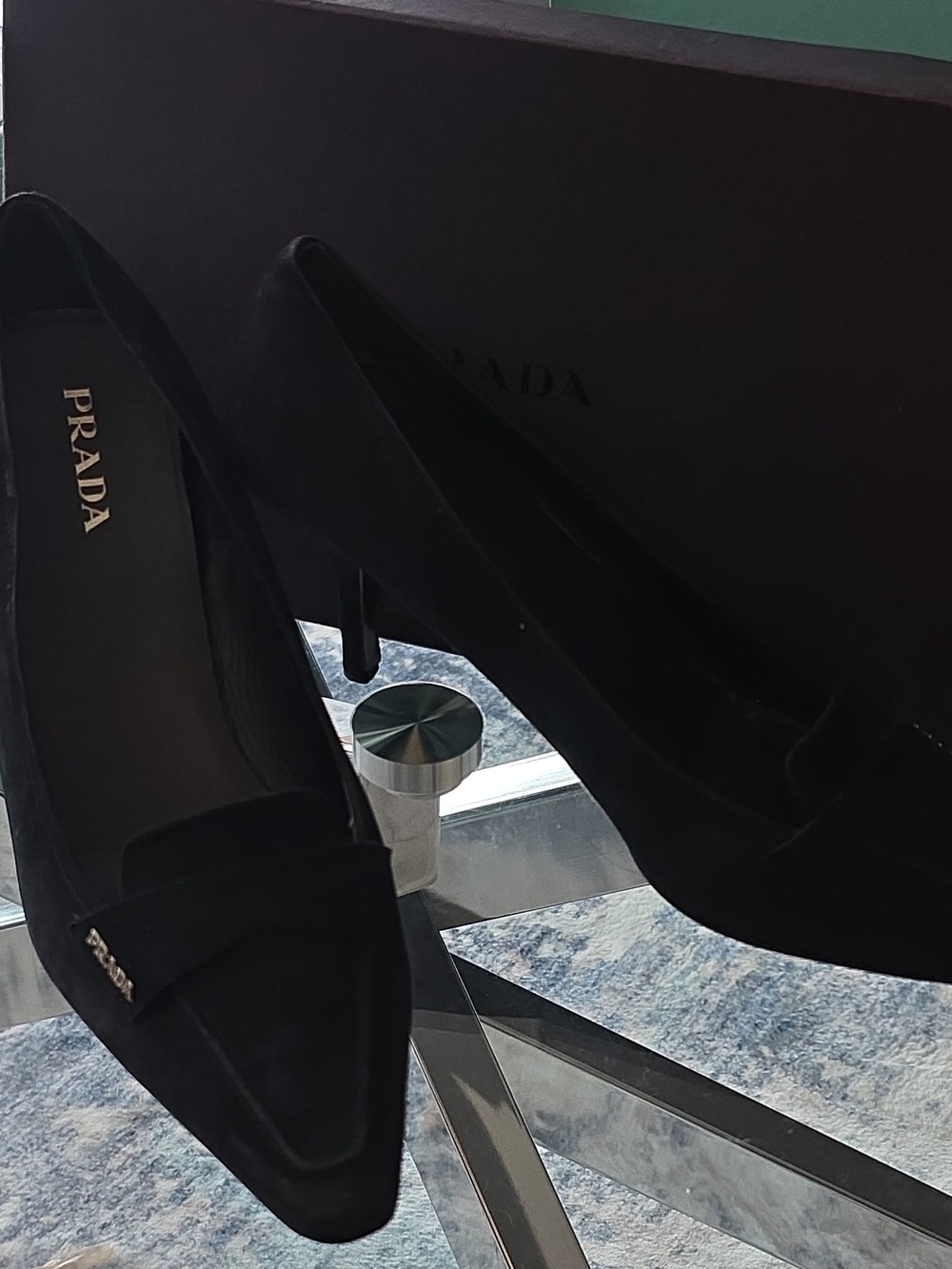 Prada Black Suede Pointed Toe Logo Pumps Heels 10